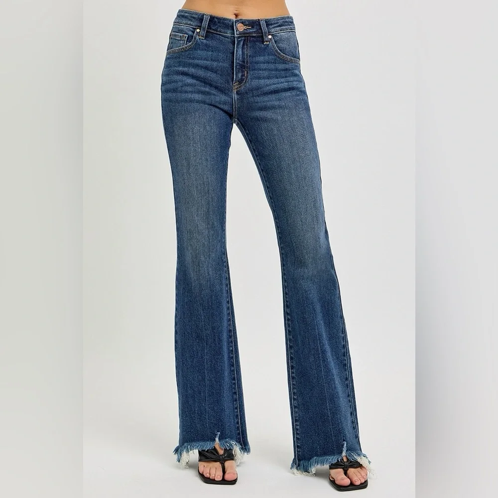 RISEN Mid Rise Flare Frayed Hem Jeans - Picture 5 of 7